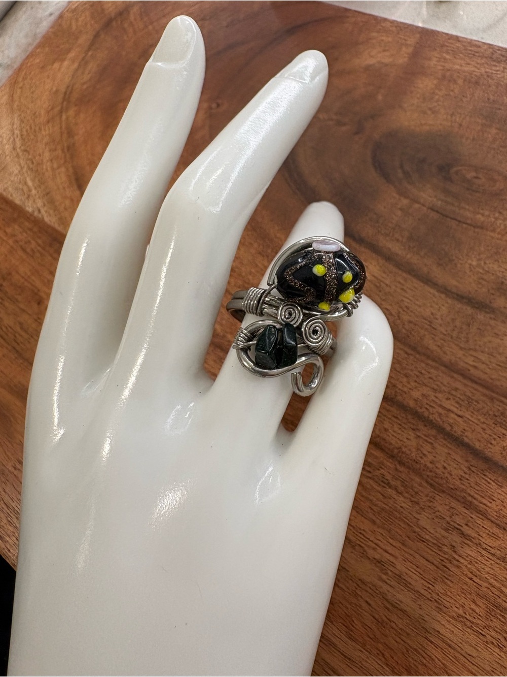 Handcrafted Silver Wire Wrap Ring with Black and Yellow Accents - Size 6